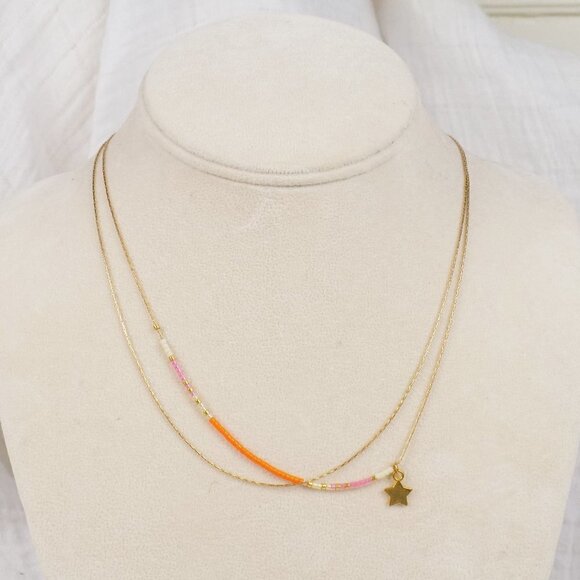 delicate layered stone 2 layer beaded choker gold chain star charm - Picture 3 of 5